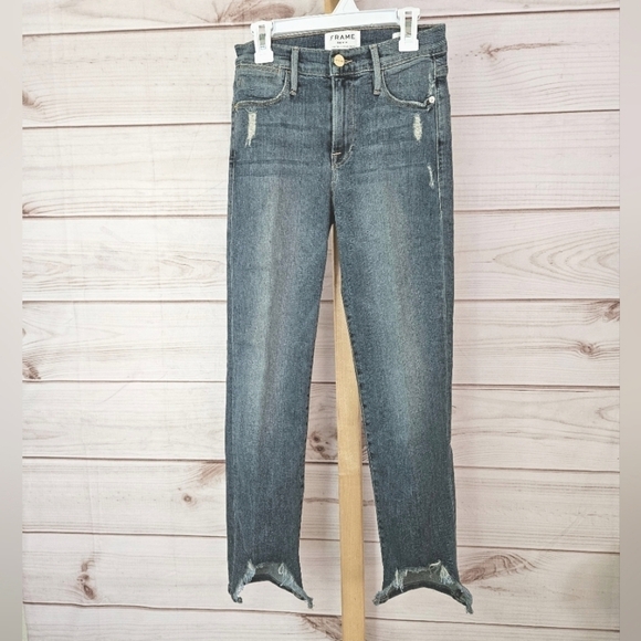 Frame Denim Le High Distressed Straight Leg Jeans in Rue Blue Size 24 - Picture 3 of 10